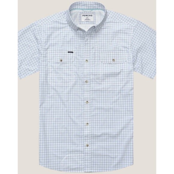 PONCHO MEN’s THE OVERCAST SHORT SLEEVE SHIRT Gary Blue Plaid XXL Fishing Outdoor - Picture 1 of 15